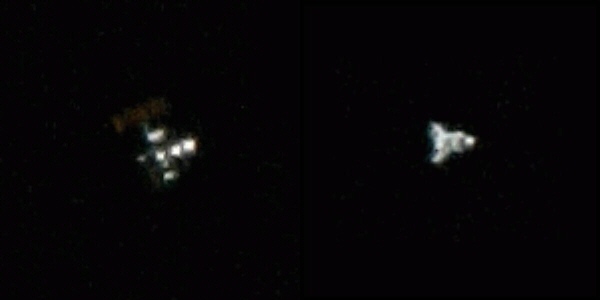 Dieses Bild ist eine Fotomontage aus der Raumstation ISS und dem Space Shuttle Discovery