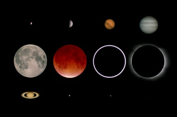 Here you see the planets Mercury, Venus, Mars, Jupiter, Saturn, Uranus, Neptune and Pluto. Additionally there is the moon and a lunar eclipse, the sun and a solar eclipse.